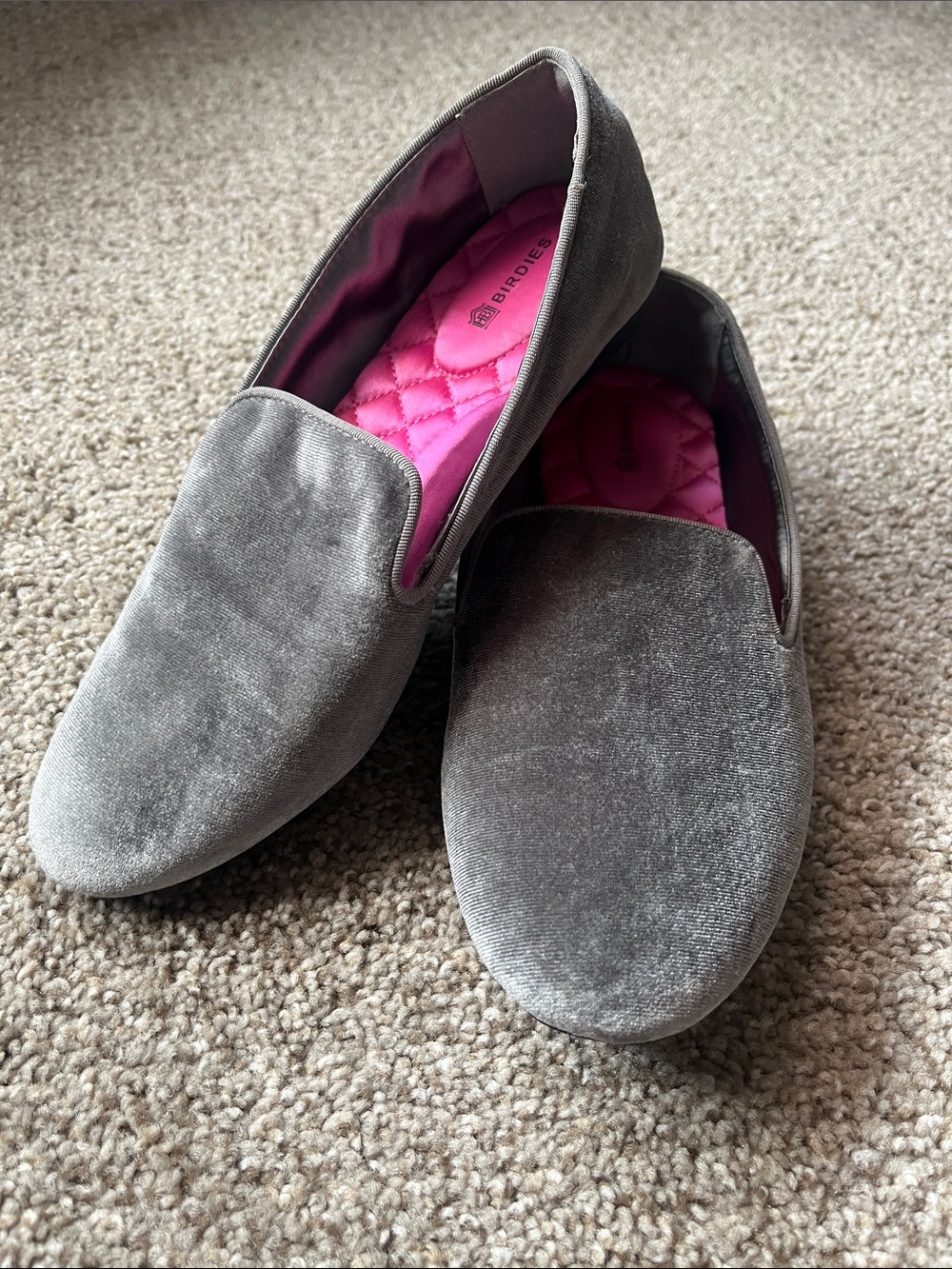 Birdies The Starling Gray Velvet Slip-On Loafers with Pink Quilted Insole, 7